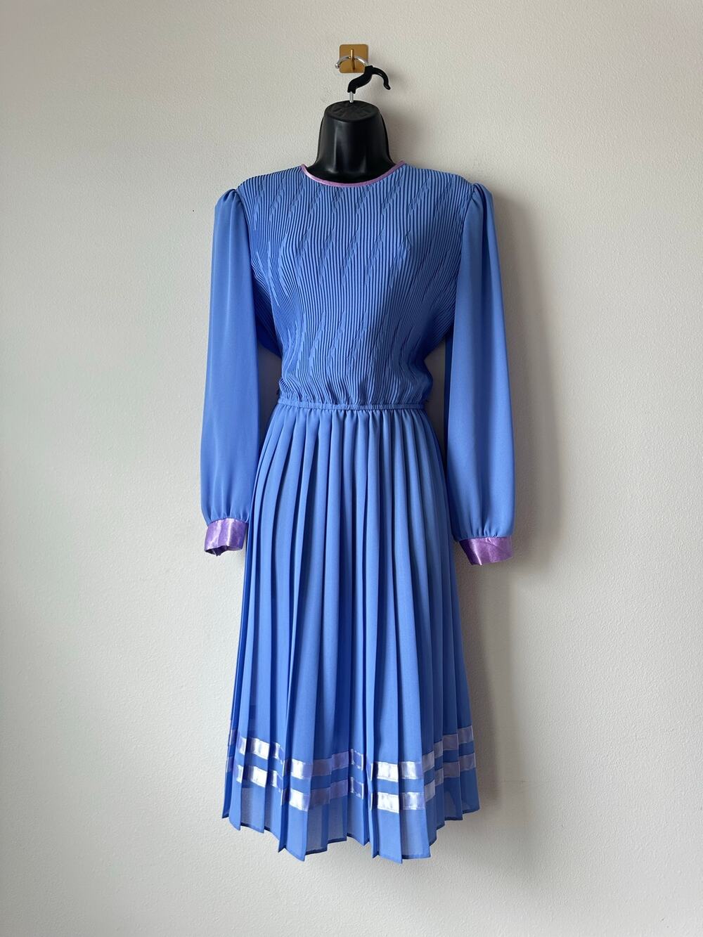 Vintage 80s Periwinkle Blue Pleated Midi Dress Satin Trim Golden Girls 12